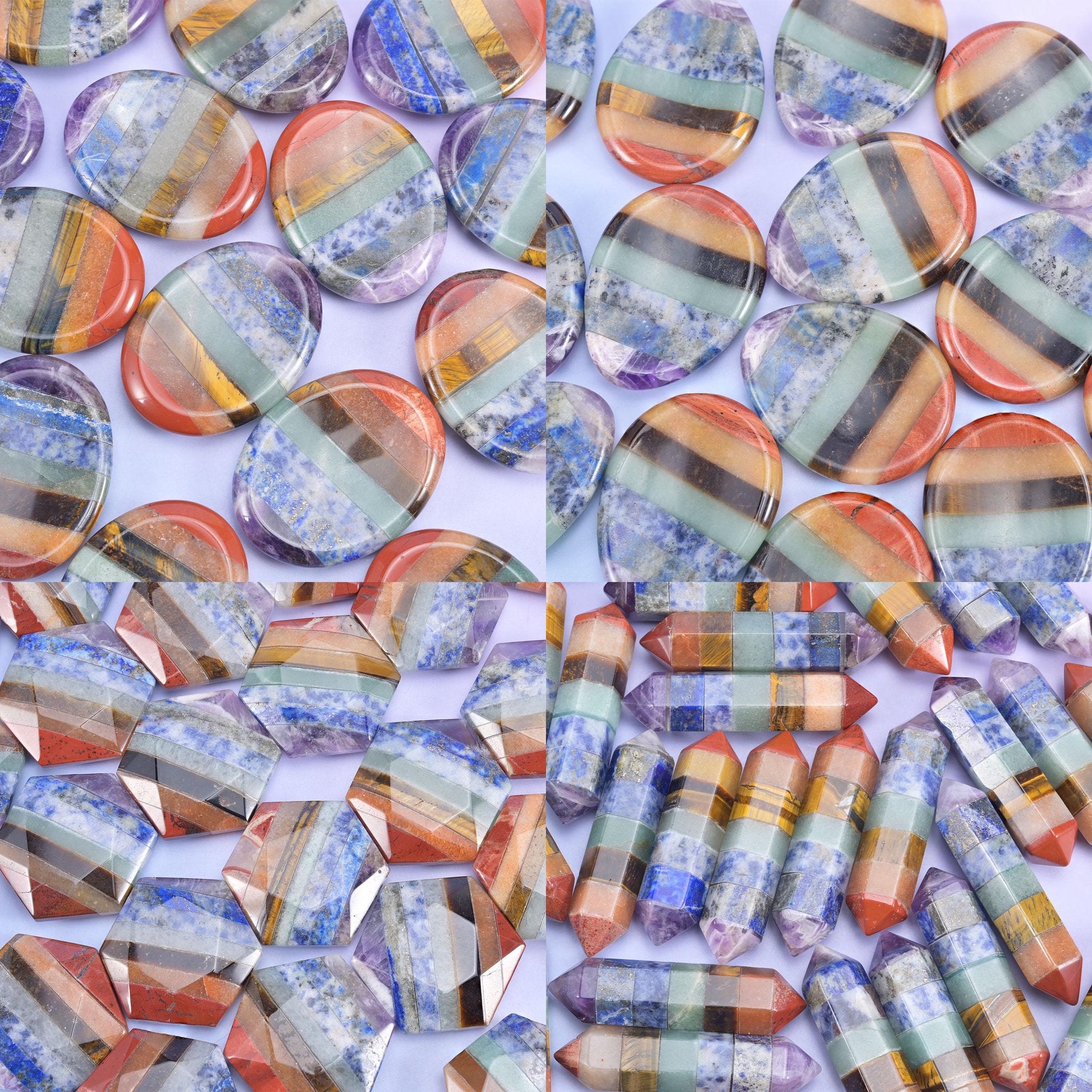 Close detail of polished coin worry stones and hexagon point towers, each striped with blue, cream, amber and rust bands