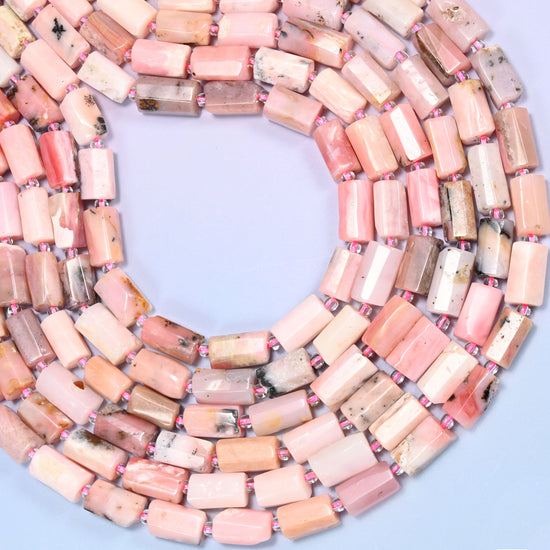 Pink Opal Faceted Tube Beads, Full Strand 27pc, Jewelry Making