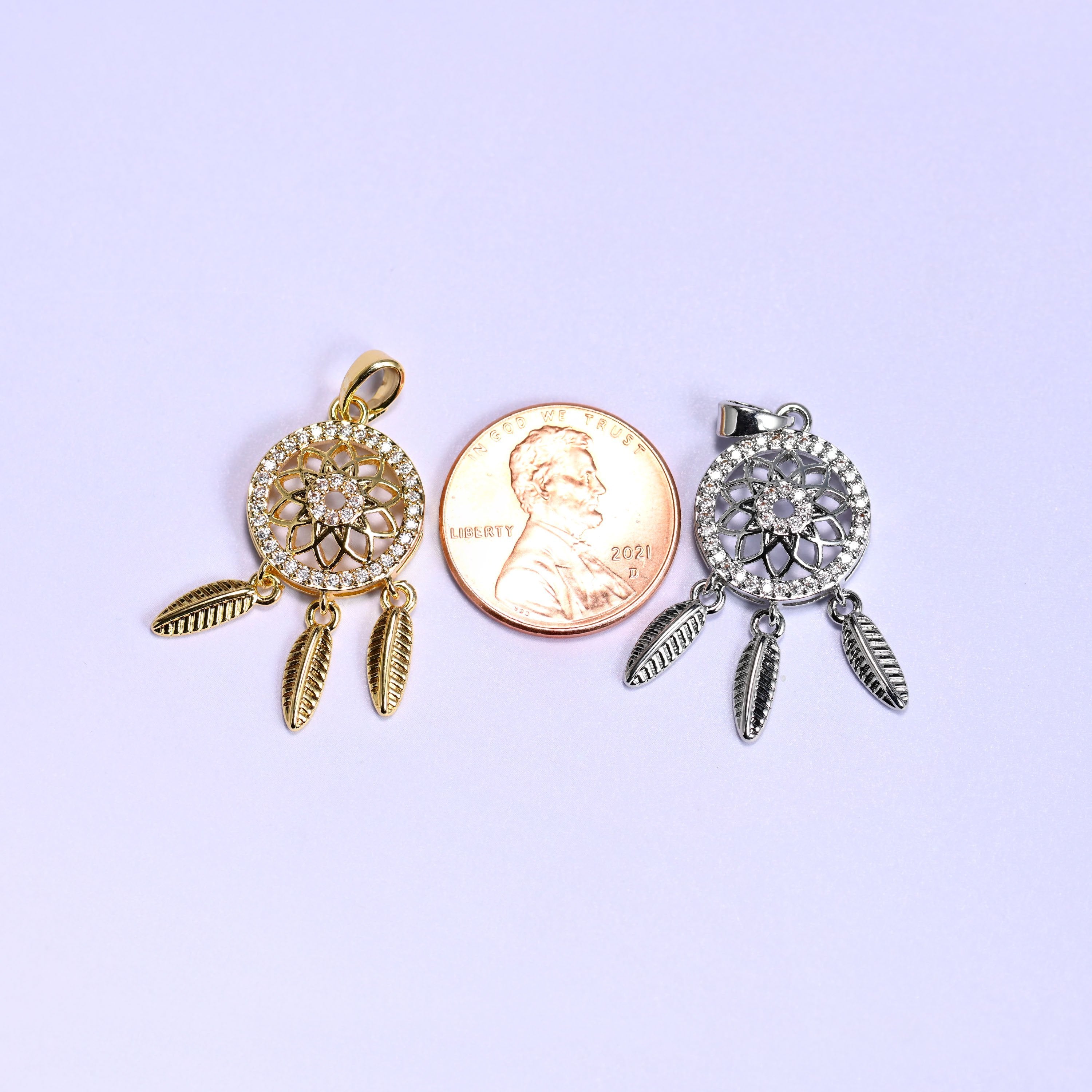 Dream Catcher Zircon Charms with an openwork floral medallion and dangling feather charms