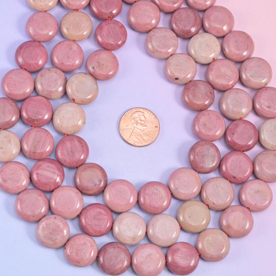 Natural Pink Rhodonite smooth coin beads for necklaces and bracelets