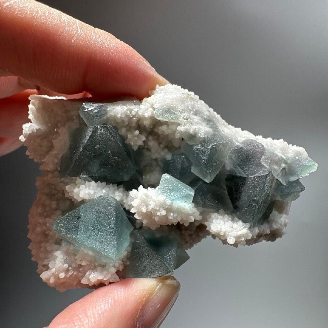 White Frosted Crystal with Blue Green Cubic Fluorite Specimen