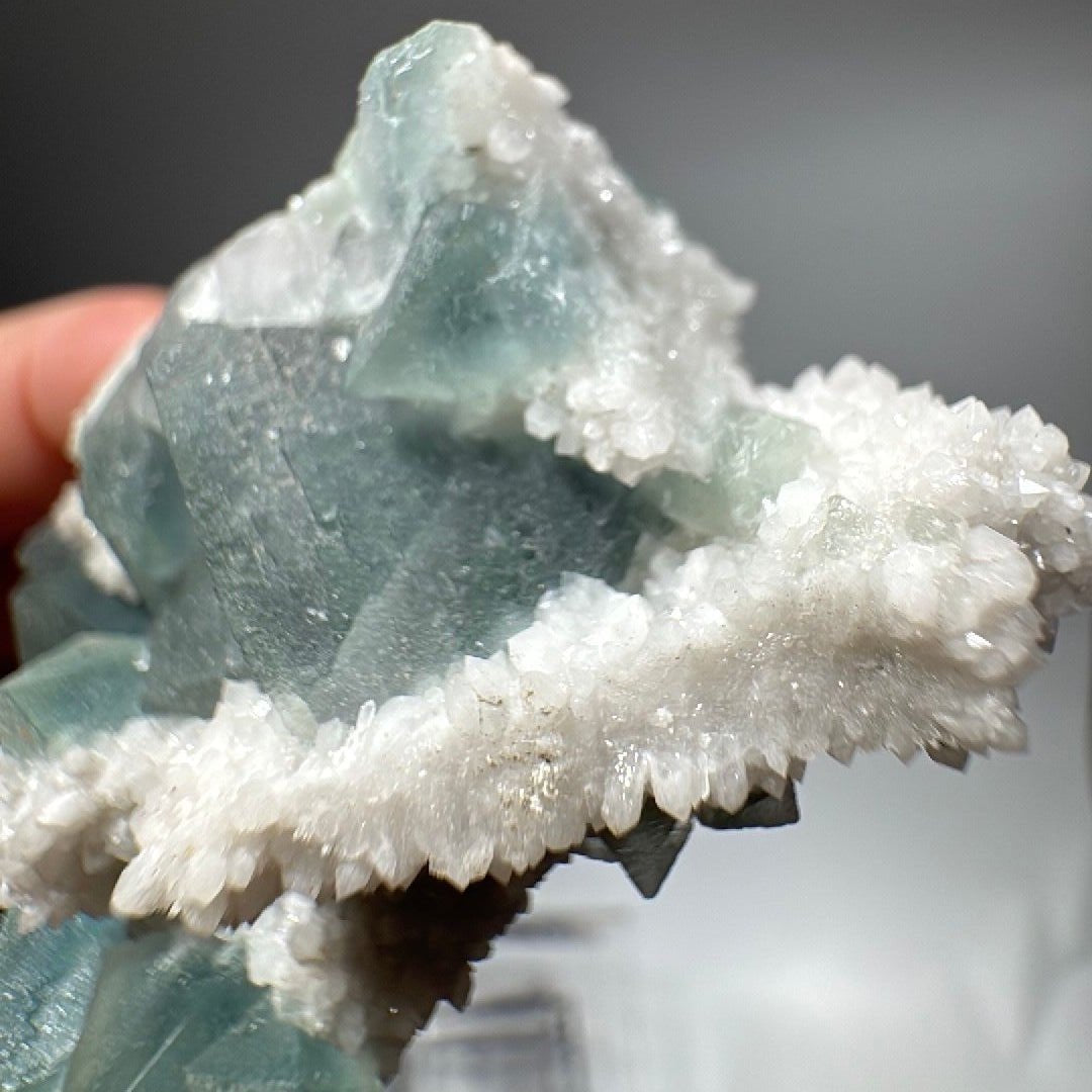 White Frosted Crystal with Blue Green Cubic Fluorite Specimen in white frosted crystal with blue-green cubic zoning
