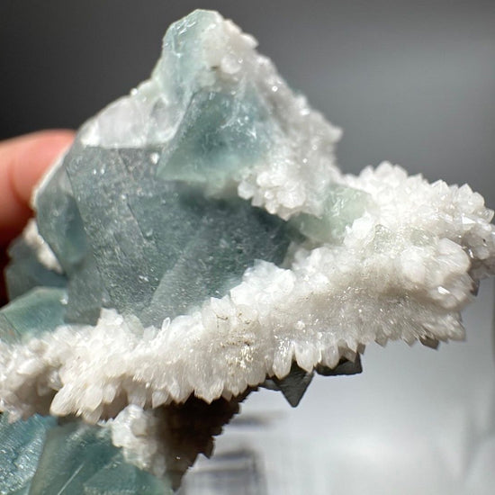 White Frosted Crystal with Blue Green Cubic Fluorite Specimen in white frosted crystal with blue-green cubic zoning
