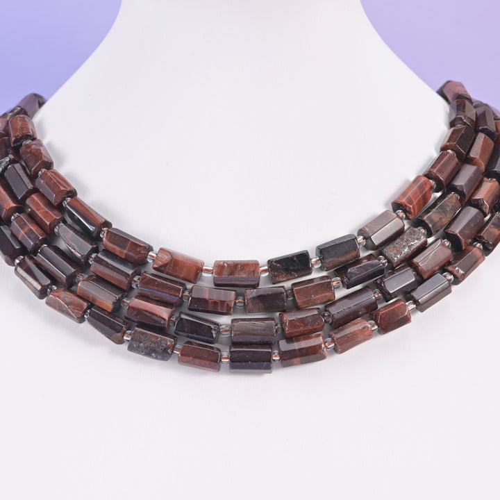 Red Tiger Eye beads, faceted tube shape, 12x8mm.