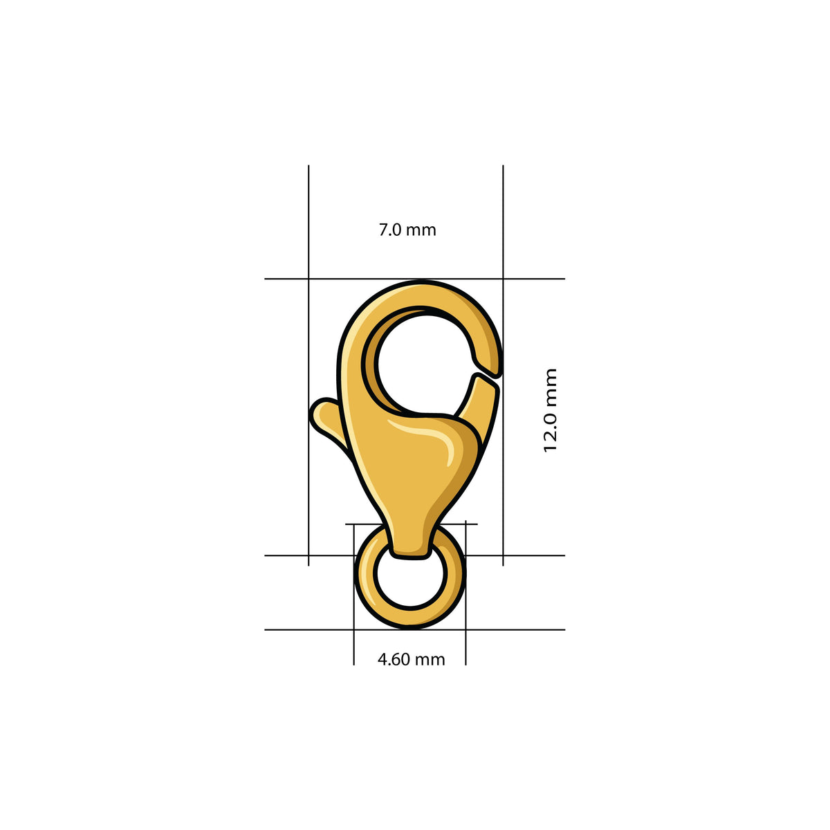 14K gold filled lobster clasp size diagram, 7.0mm wide by 12.0mm long, with a 4.60mm jump ring