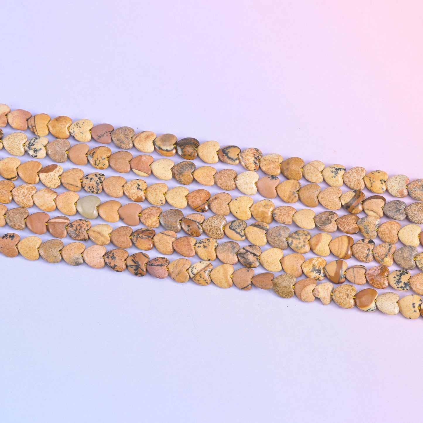 Picture jasper heart beads in sand and khaki with brown mottling