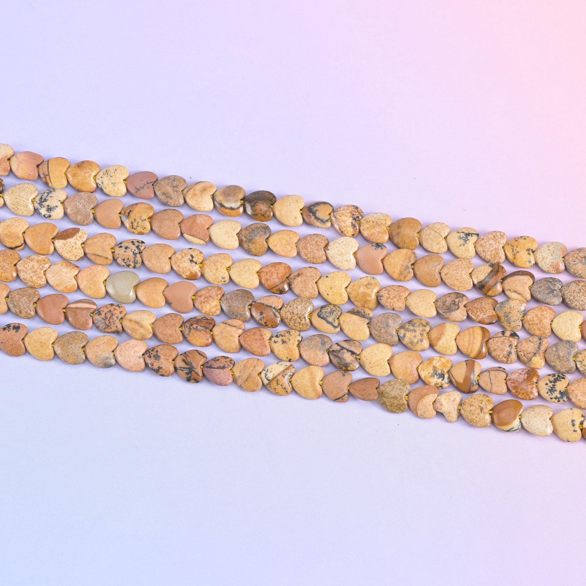 Picture jasper heart beads in sand and khaki with brown mottling