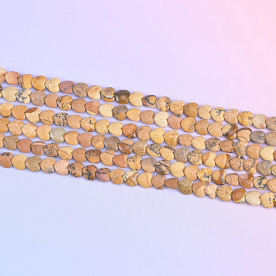 Picture jasper heart beads in sand and khaki with brown mottling
