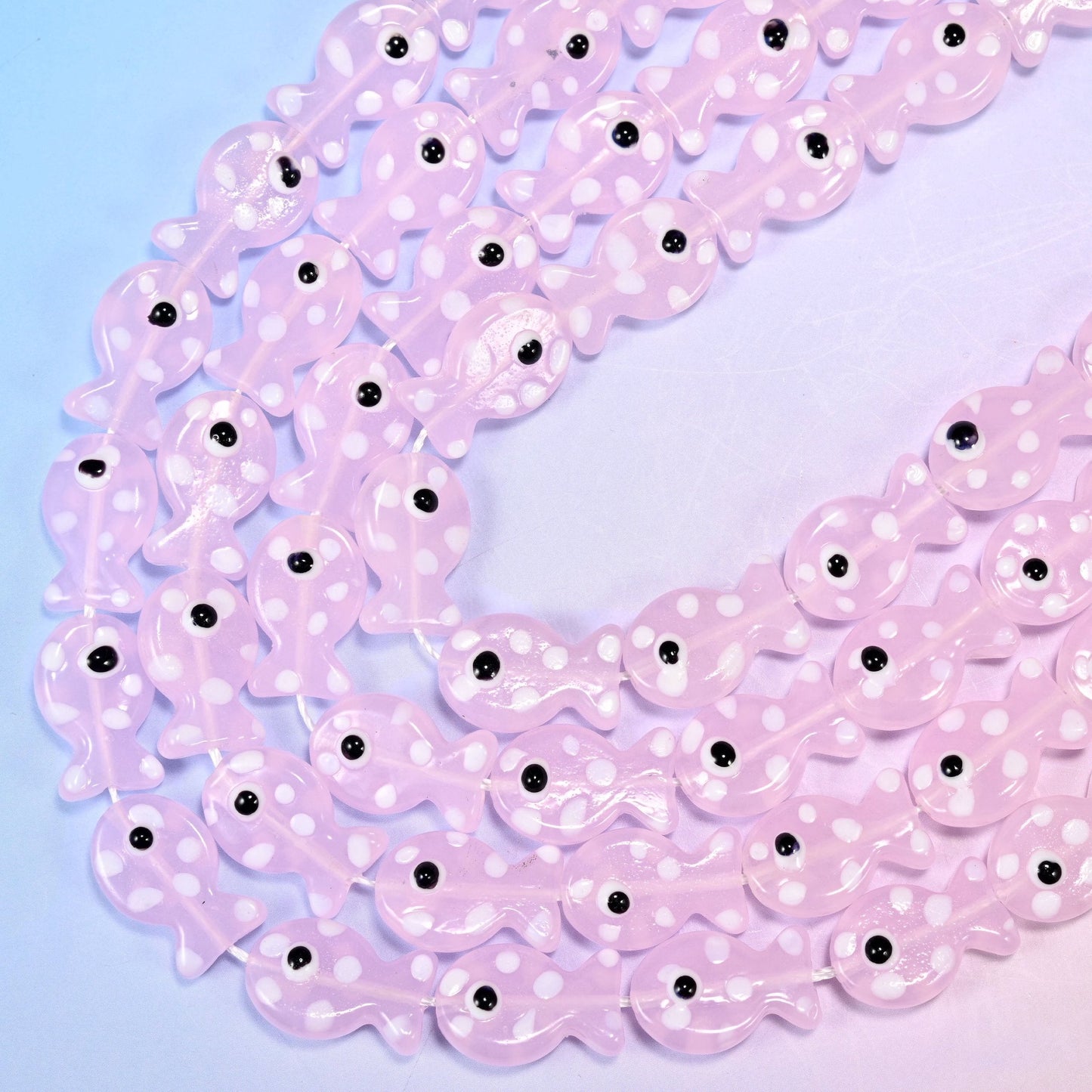 Transparent Pink with White Dot Fish Glass Beads, 15.5 inch strand