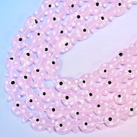Transparent Pink with White Dot Fish Glass Beads, 15.5 inch strand