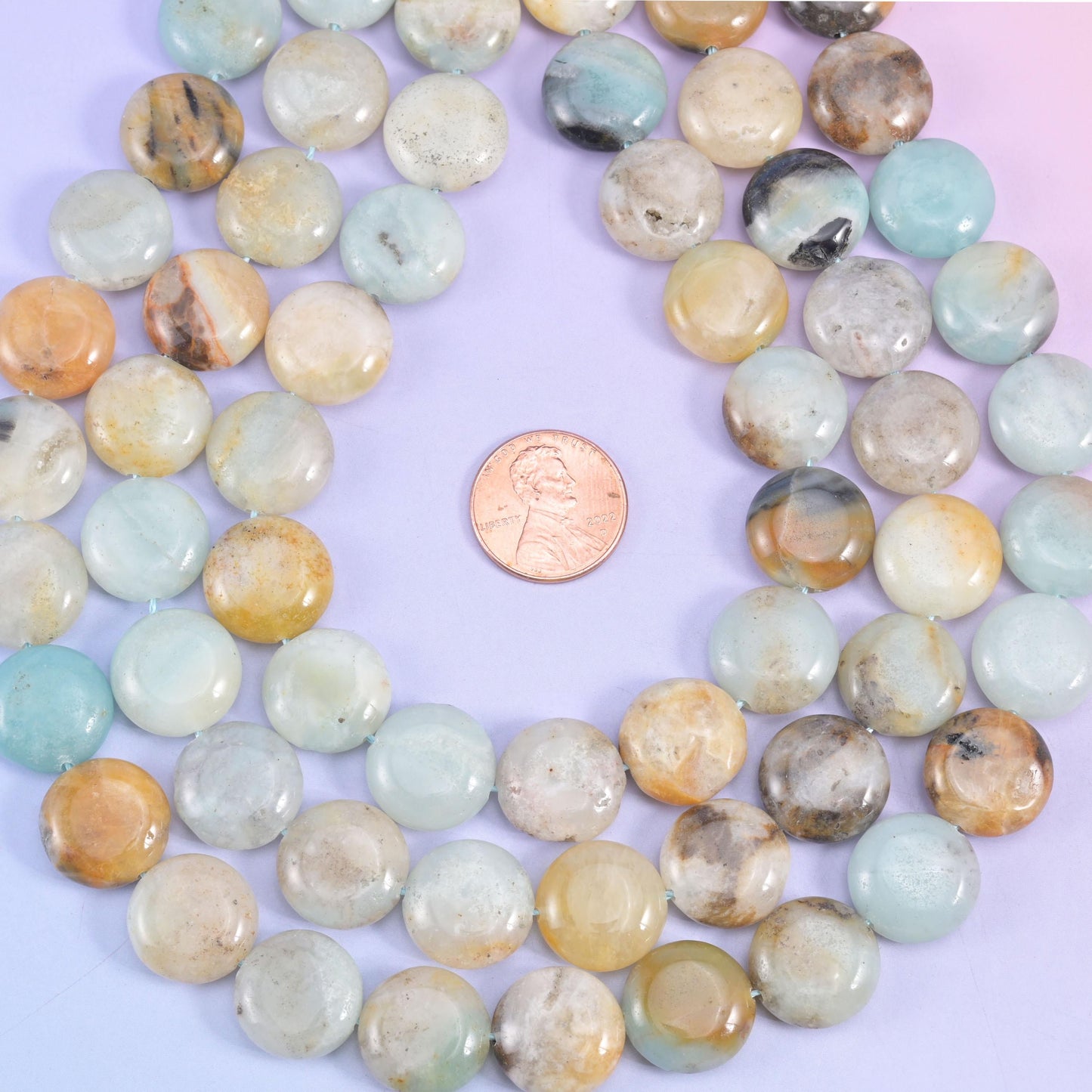 Multi-Color Amazonite coin beads, 1.2mm centre-drilled hole