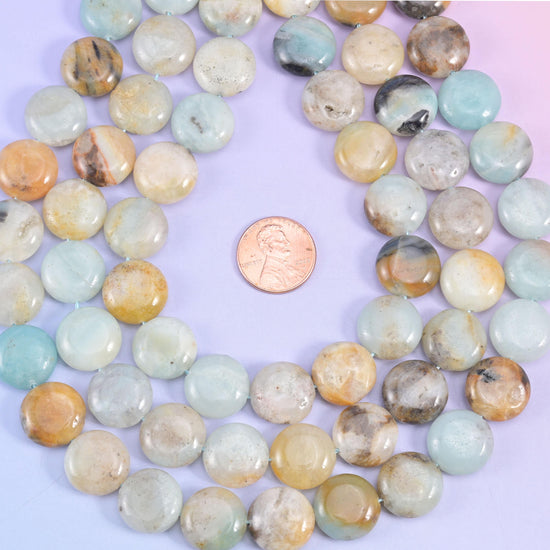 Multi-Color Amazonite coin beads, 1.2mm centre-drilled hole