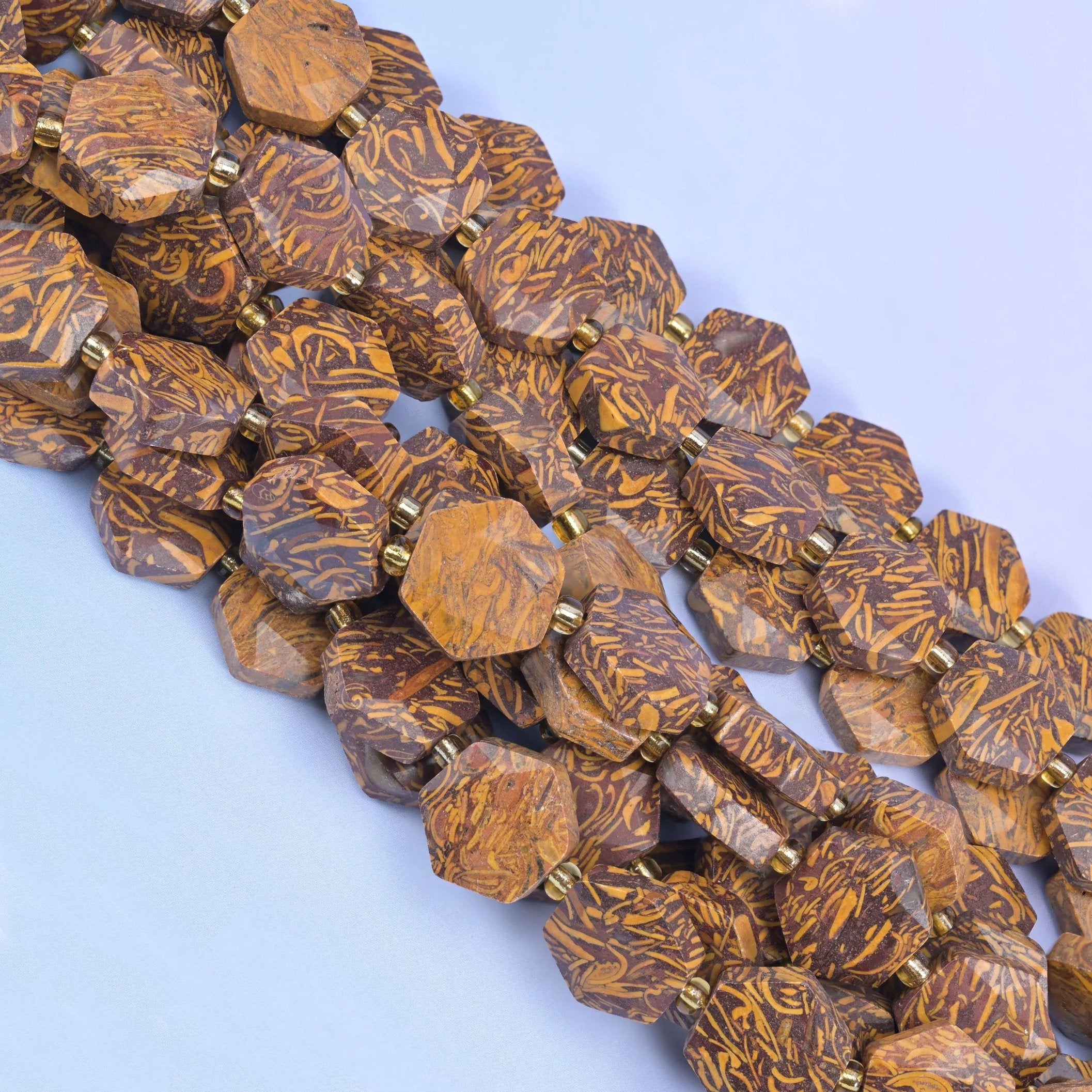 Flat faceted hexagon cut firework jasper beads