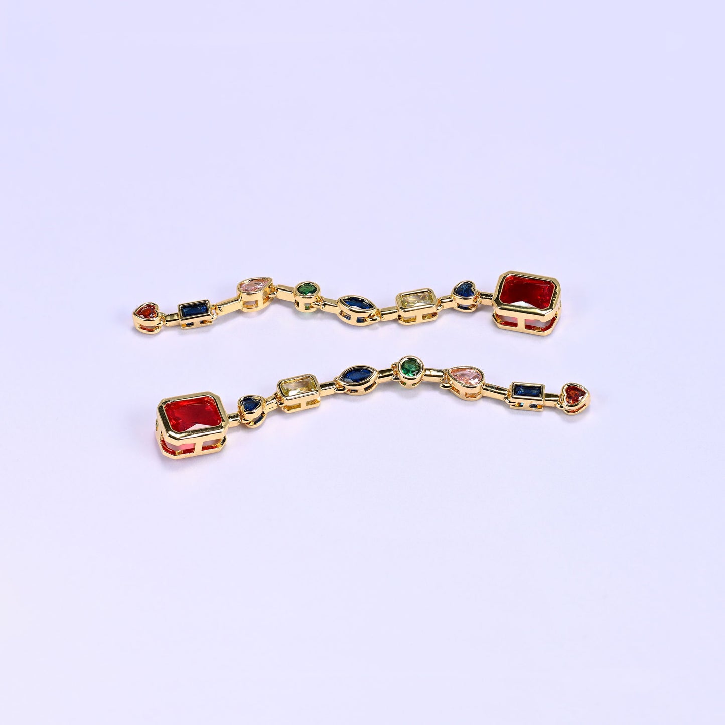 18K Gold Plated Brass Multi-Shape Bezel Chain featuring rectangle, teardrop, oval, and heart-cut zircon stones in a vibrant multicolor mix