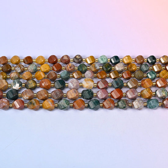 Ocean Agate beads in mustard yellow, sea green, rust red, cream and smoky grey