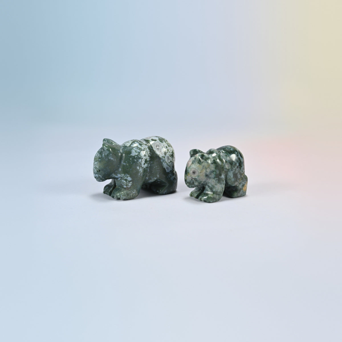 A 2 inch and a 1.5 inch moss agate bear crystal carving, green and white natural stone