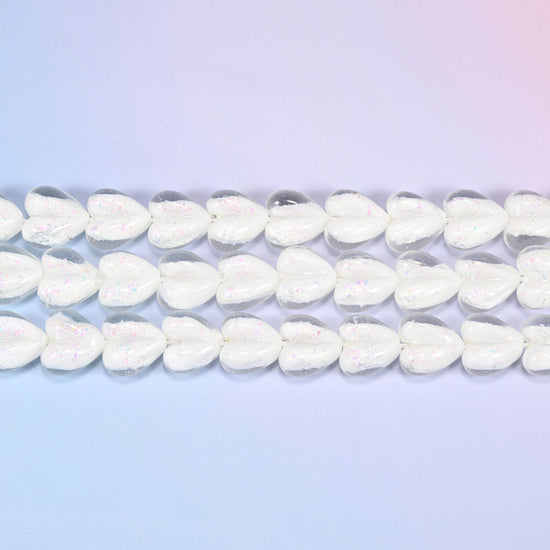 Iridescent Heart Glass Beads in milky opaque white