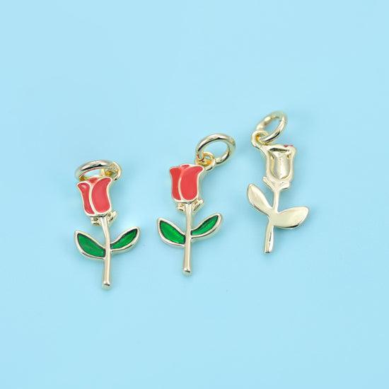 Enamel Rose Charm 18K Gold Filled 12x5.3mm, 1 Piece