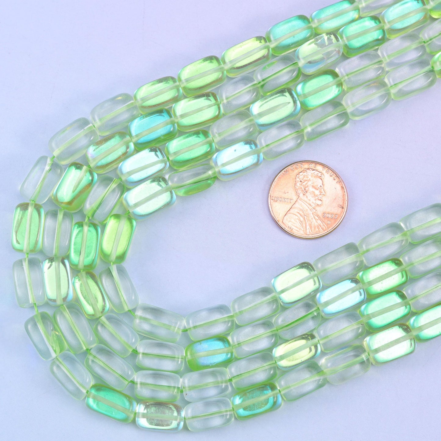 Green Mystic Aura glass beads, 15 inch strand