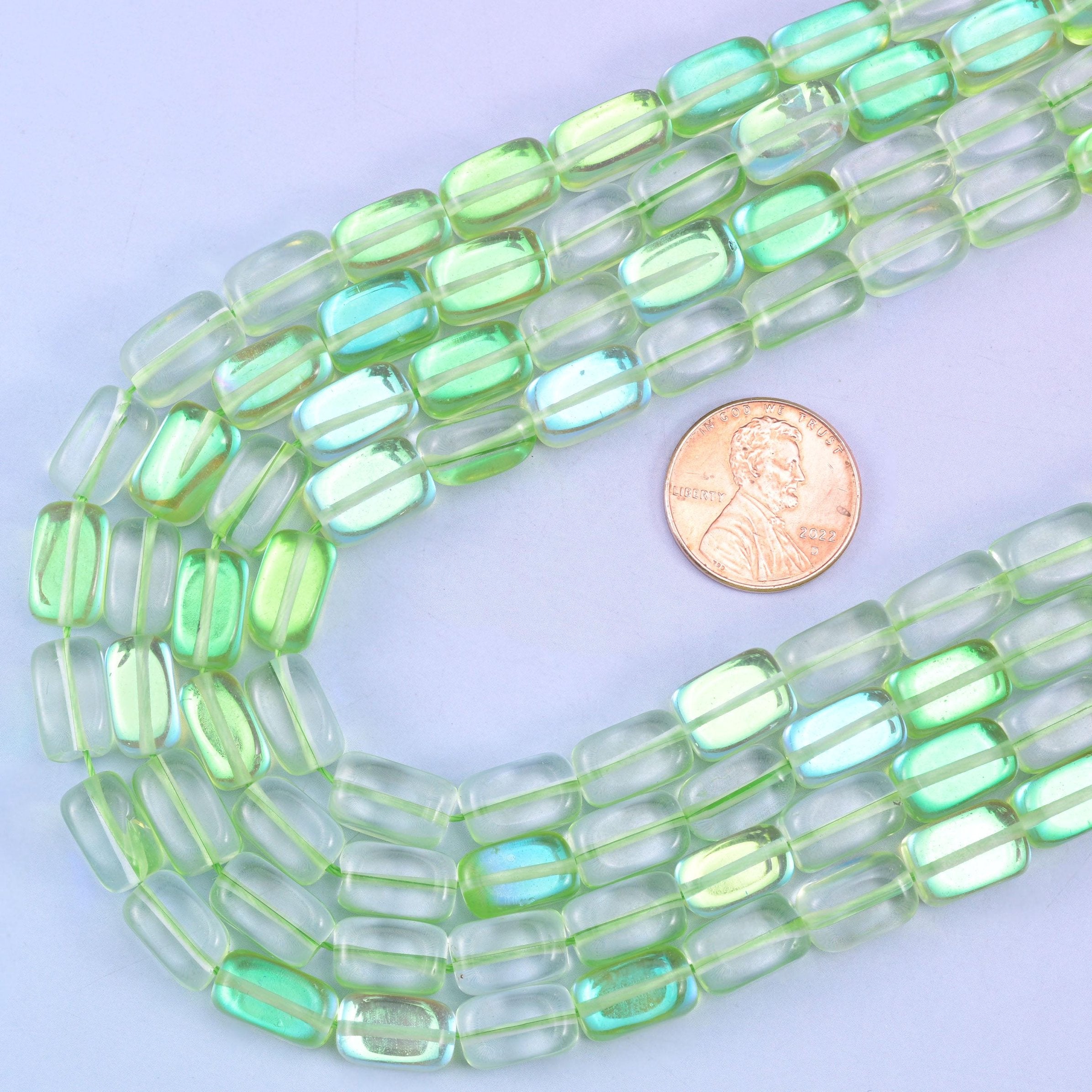 Green Mystic Aura glass beads, 15 inch strand