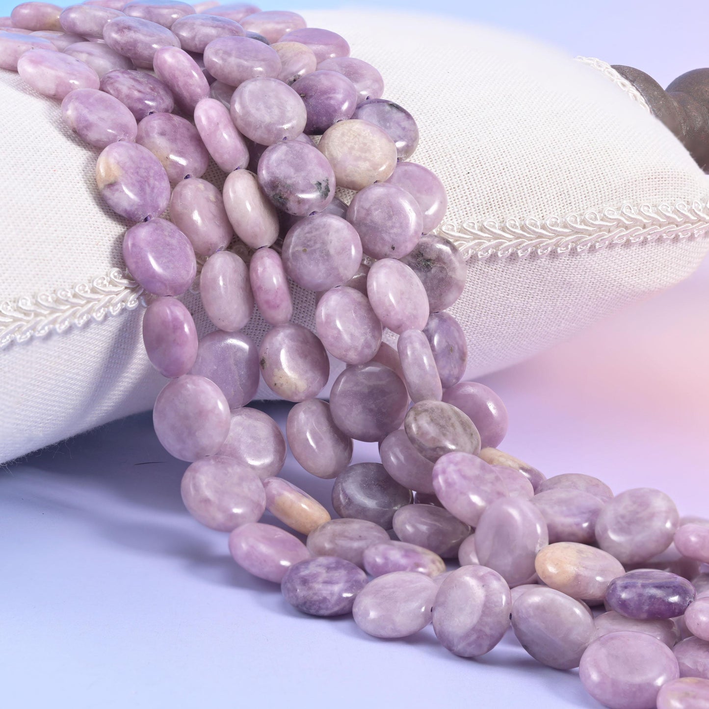 Natural Lepidolite smooth coin beads in soft lilac and lavender marbled with cream and pale grey