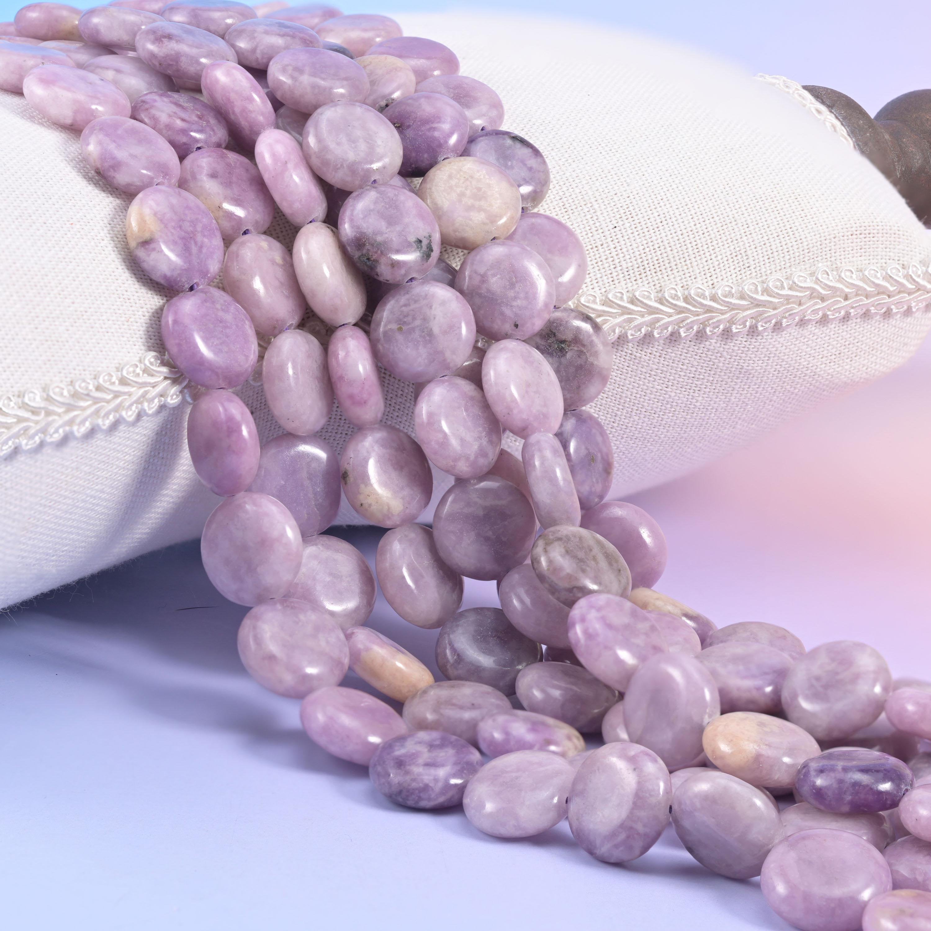 Natural Lepidolite smooth coin beads in soft lilac and lavender marbled with cream and pale grey