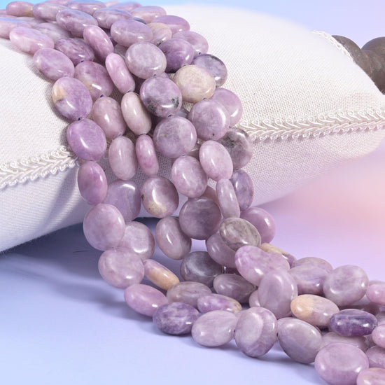 Natural Lepidolite smooth coin beads in soft lilac and lavender marbled with cream and pale grey