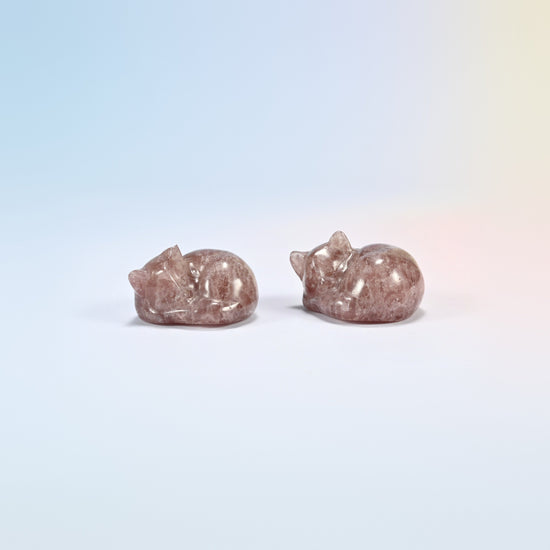 Two natural strawberry quartz sleeping cat crystal carvings, 1.5 inch, berry pink