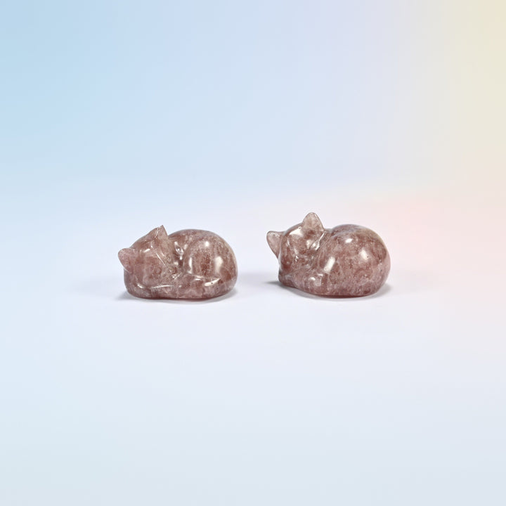 Two natural strawberry quartz sleeping cat crystal carvings, 1.5 inch, berry pink