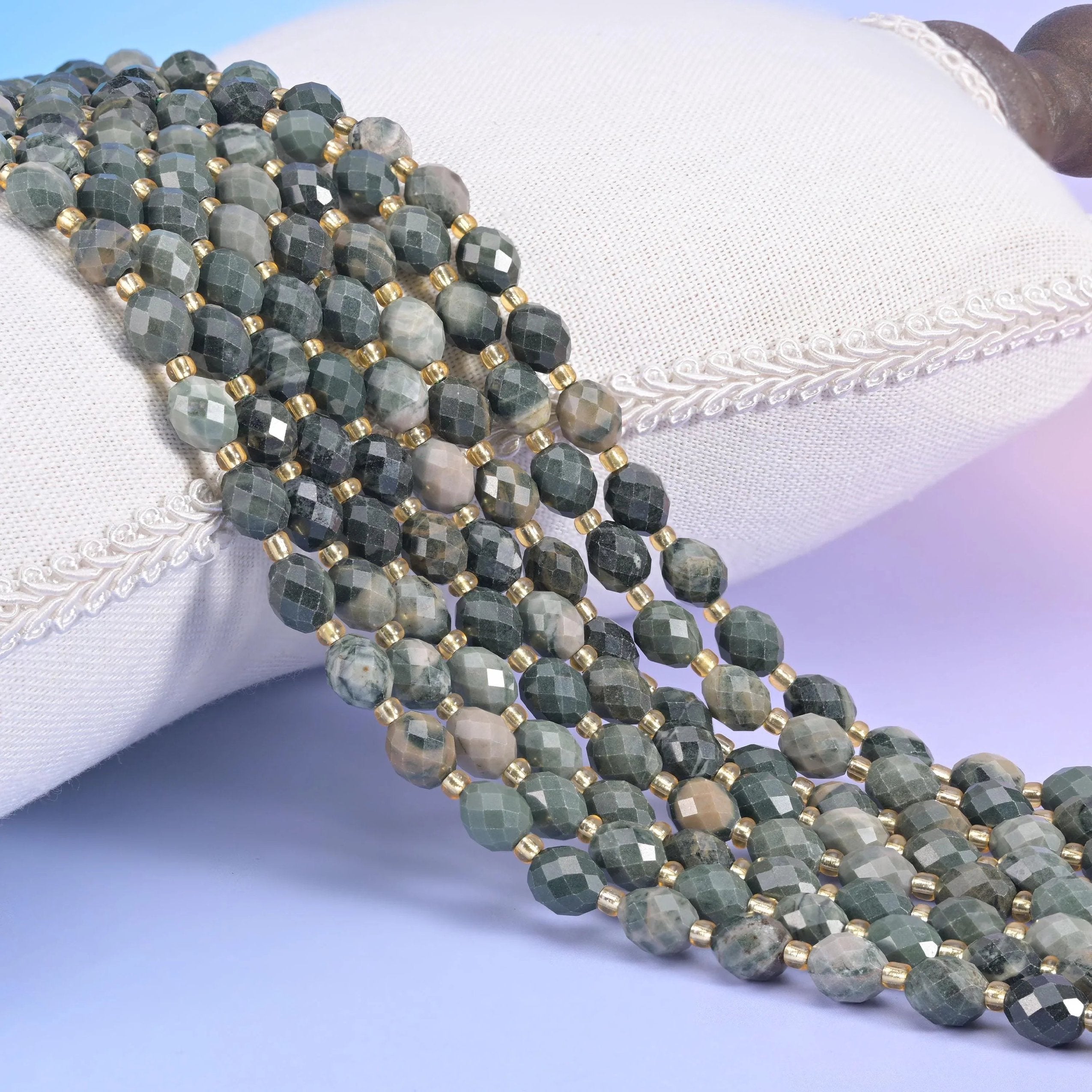 Green Rhodonite Faceted Rice Barrel Beads