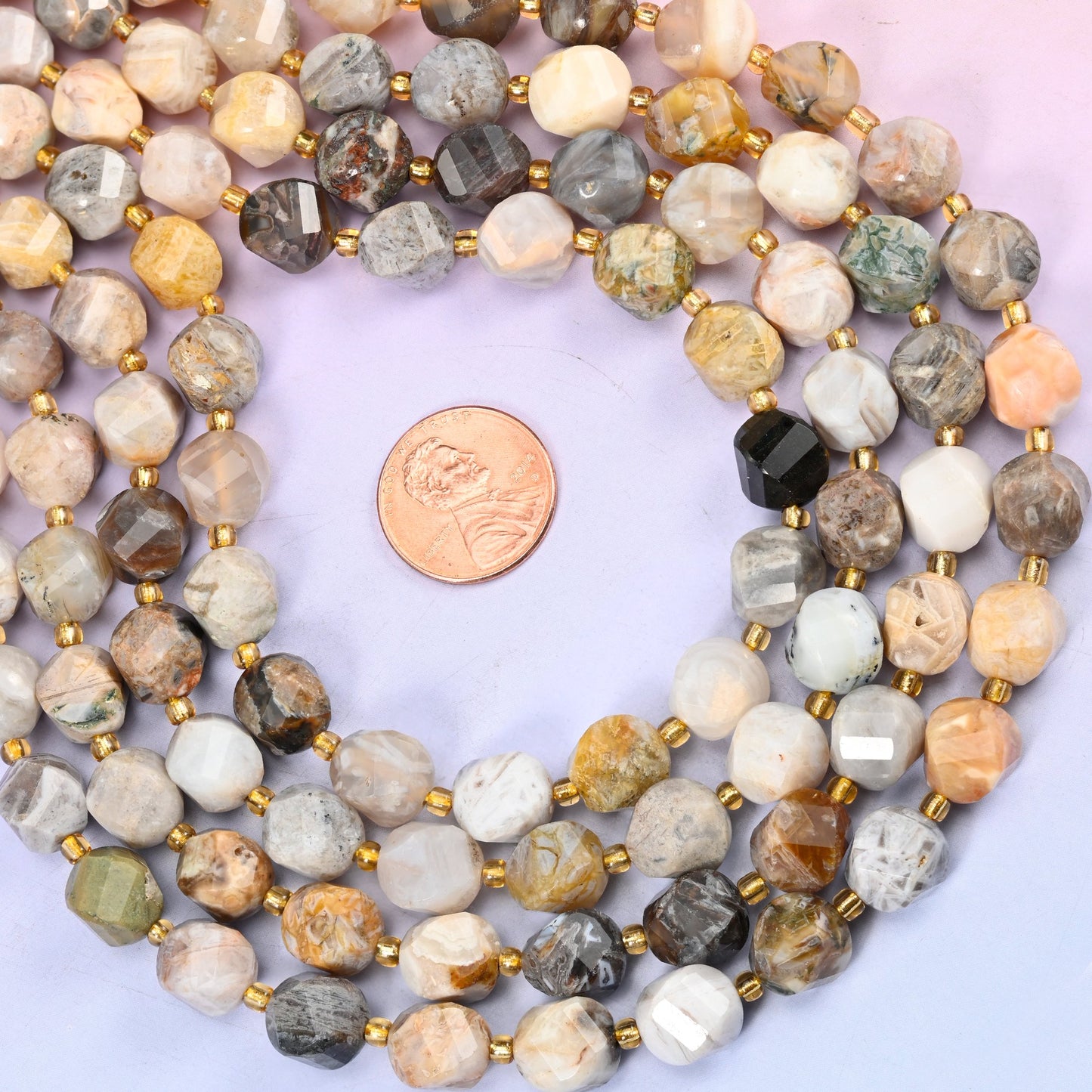 Bamboo Agate natural stone beads, 10mm faceted spiral twist beads on a full 15 inch strand