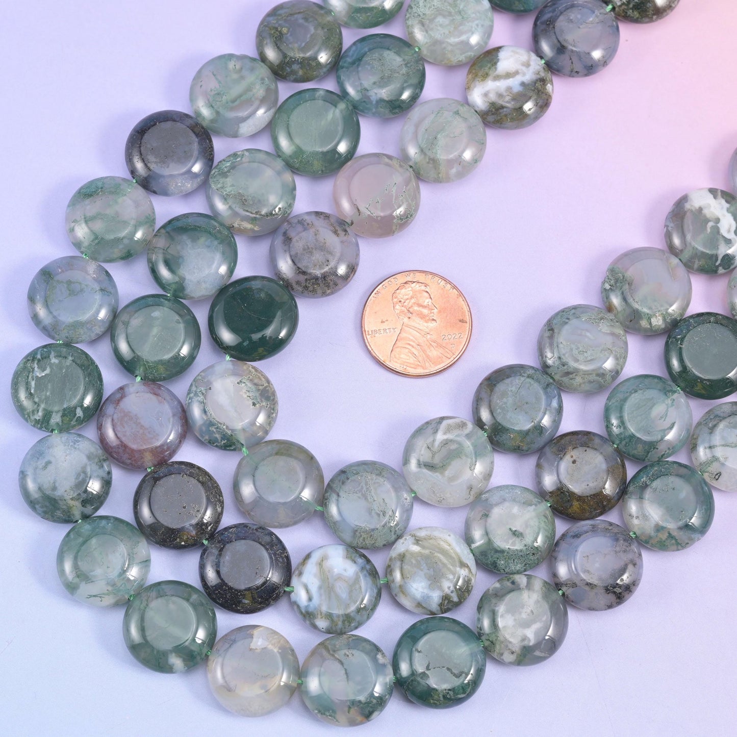 Moss Agate smooth coin beads, 15 inch strand