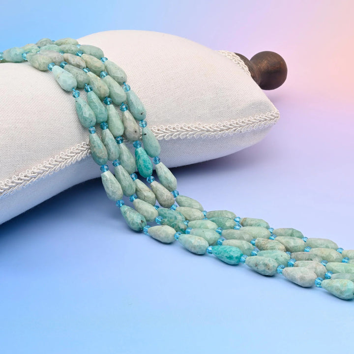 Amazonite Faceted Teardrop Beads, soft turquoise and seafoam with cream matrix streaking.