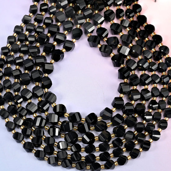 Jet Black Onyx Faceted Spiral Twist Beads 8mm 10mm, hole approximately 1.2mm, +/- 0.2mm, centre-drilled