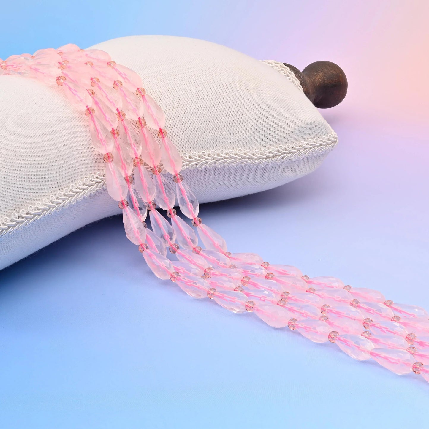Natural Rose Quartz faceted teardrop beads, pale baby pink, milky and translucent