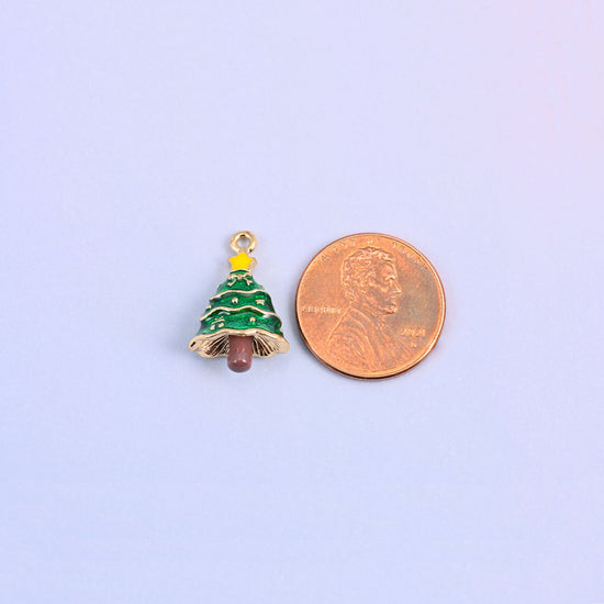 Single christmas tree charm shown for scale at 18.92 x 12.30mm, green enamel over 18K gold plated brass.