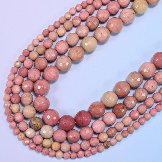 Pink Rhodonite Faceted Round Beads: Jewelry Making, 15 Inch Strand