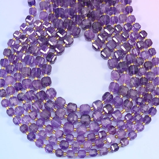 Amethyst Faceted Cube Beads 6mm 8mm, hole approximately 1.2mm with +/- 0.2mm variance, precision centre drilled