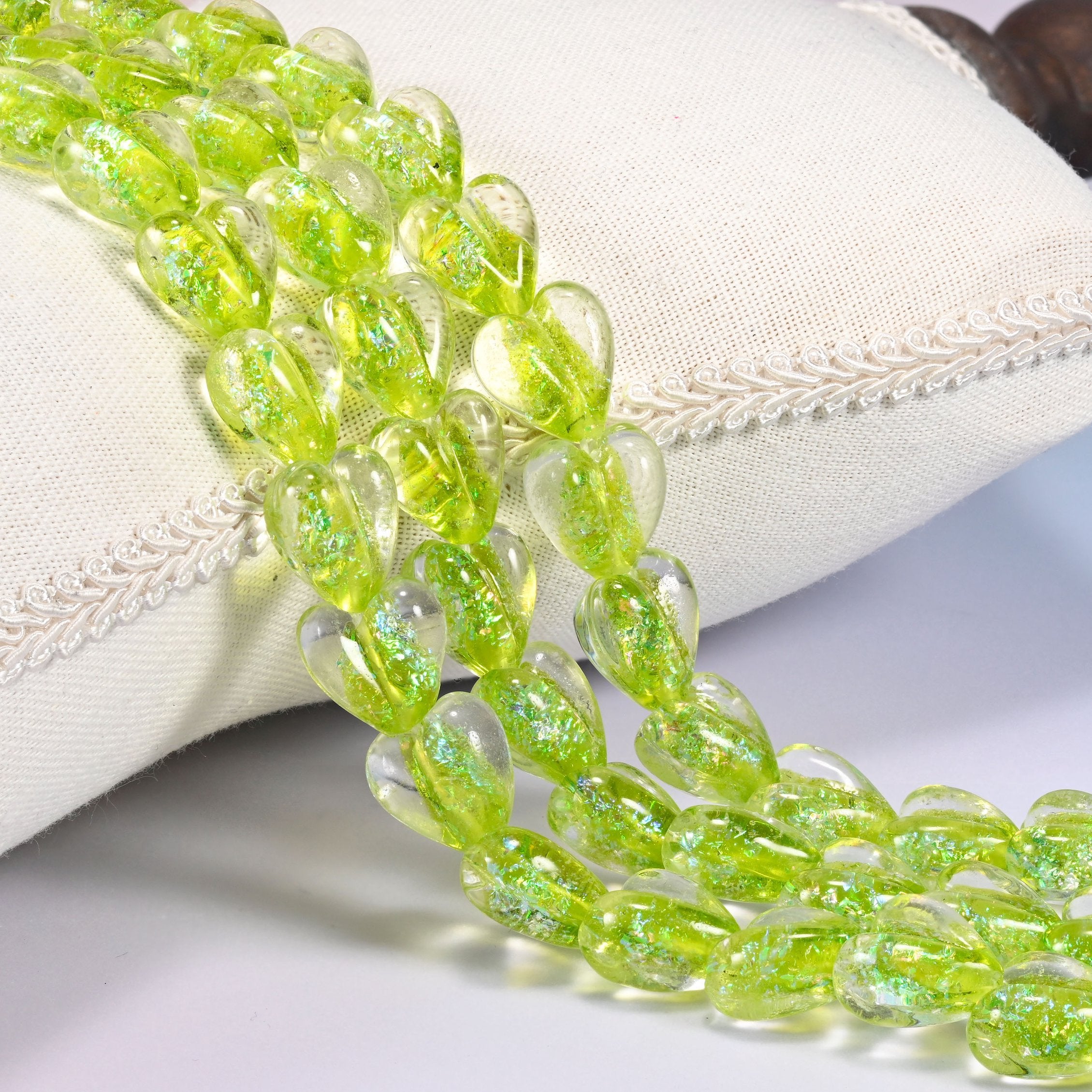 Iridescent Lime Green Heart Glass Beads