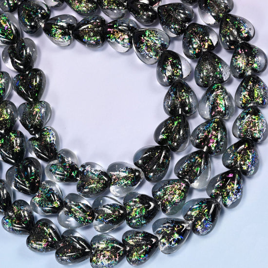 Iridescent Black Green Heart Glass Beads, drill hole approximately 1.5mm