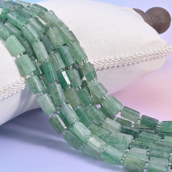 Green Strawberry Quartz faceted tube cylinder beads, sleek modern shape with natural colour variation