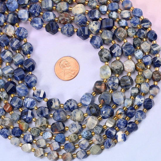Orange Sodalite Faceted Spiral Twist Beads, deep denim and navy blue marbled with chalky white and warmed by rust and apricot