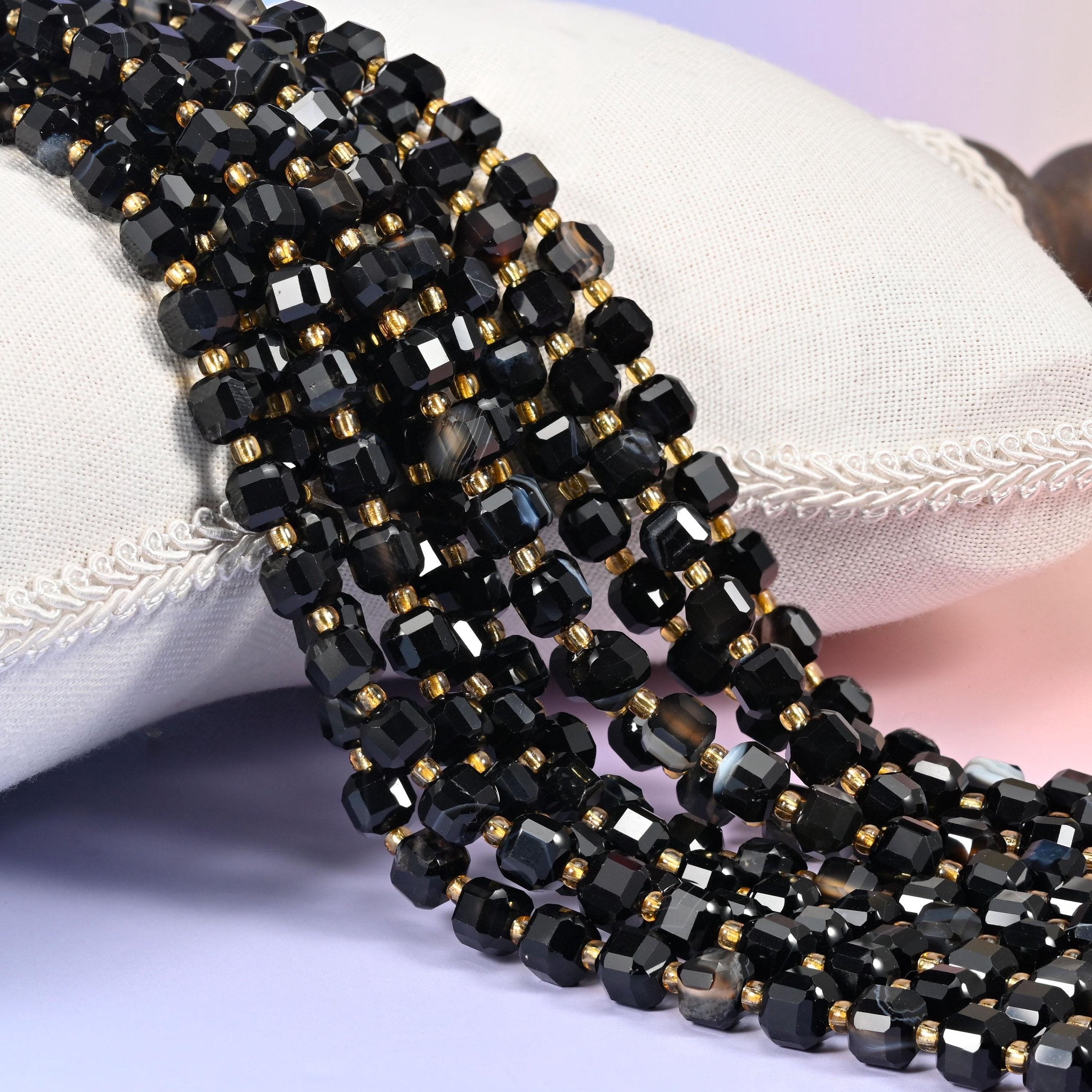 Dyed Black Strip Agate Faceted Cube Beads
