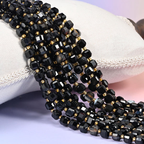Dyed Black Strip Agate Faceted Cube Beads