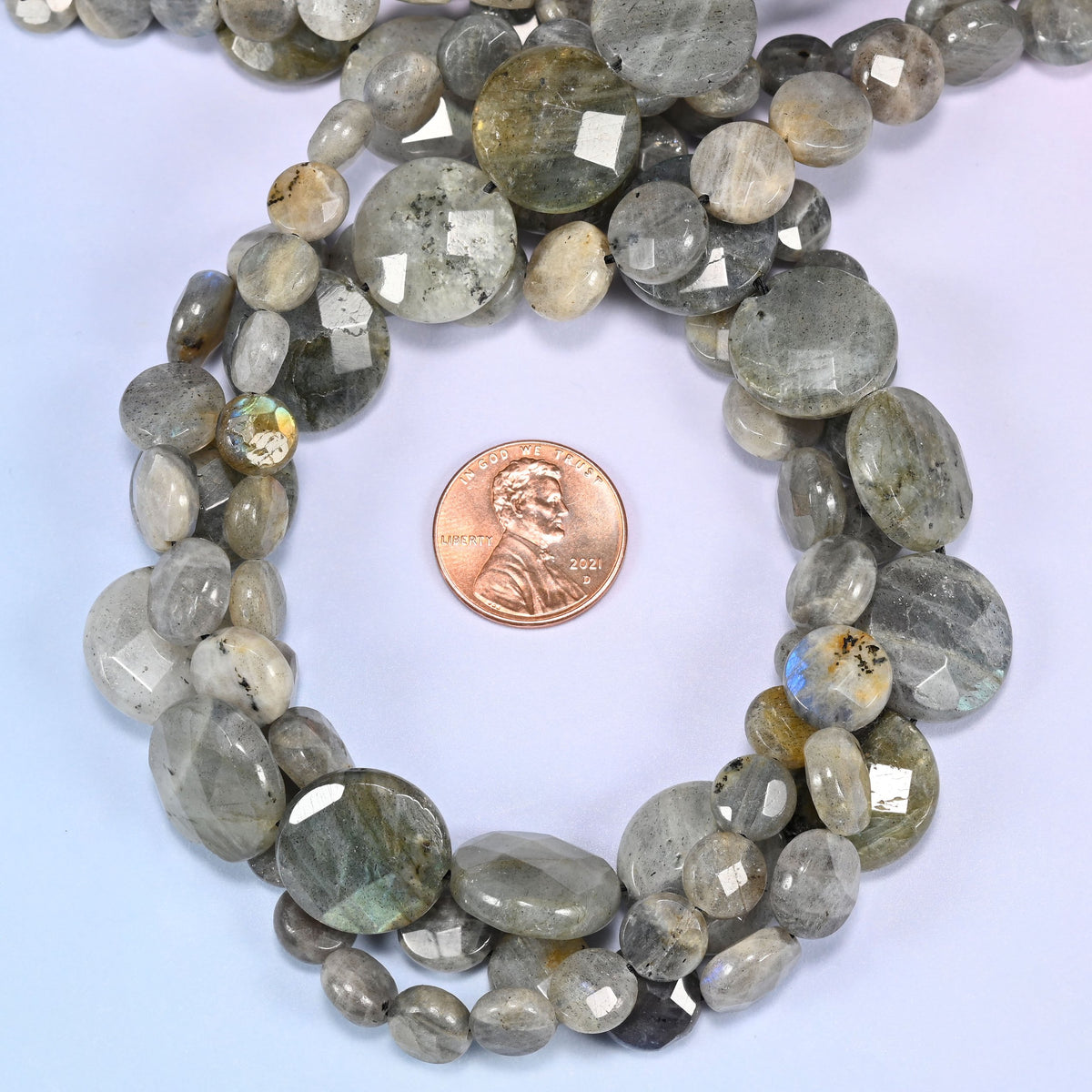 Gray Labradorite faceted coin beads looped close, drilled through the edge with a 1.0mm hole