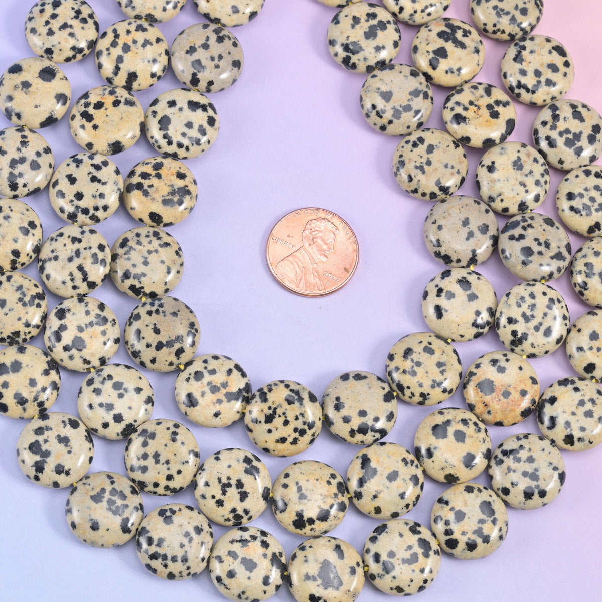 Dalmatian Jasper Smooth Coin Beads, flat 15mm discs of oatmeal cream stone scattered with inky black spots