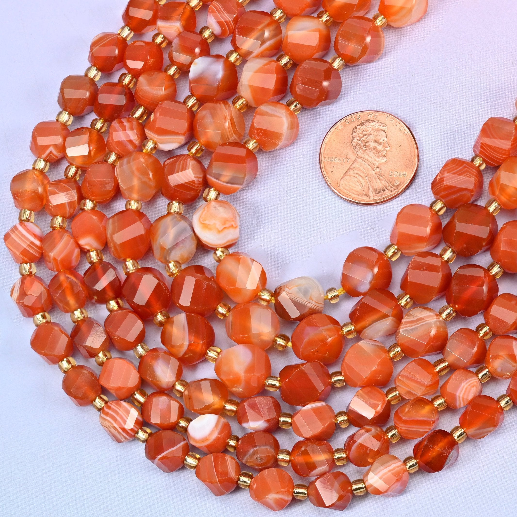 Faceted spiral twist cut Dyed Red Stripe Agate beads