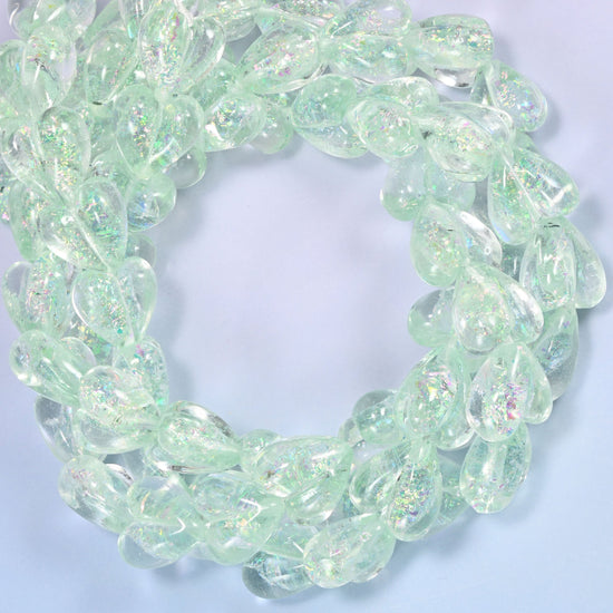 Iridescent Light Green Heart Glass Beads, 16x15mm, 24pc Strand