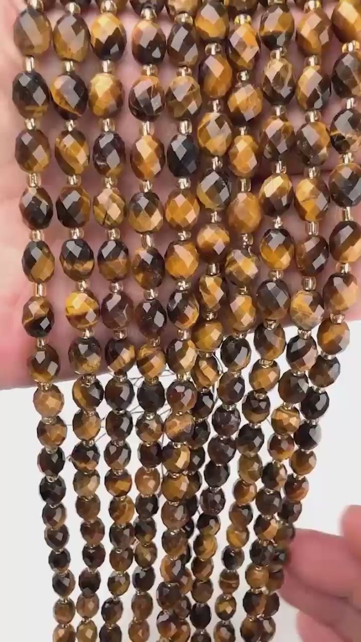 Tiger Eye faceted rice barrel beads with silky chatoyant sheen