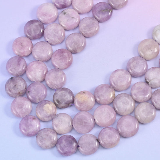 Lepidolite coin beads, 1.2mm centre-drilled hole